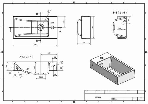 Umywalka kompozytowa mała 50 x 25 cm biały prawa ARIANA SM016 Sapho rysunek