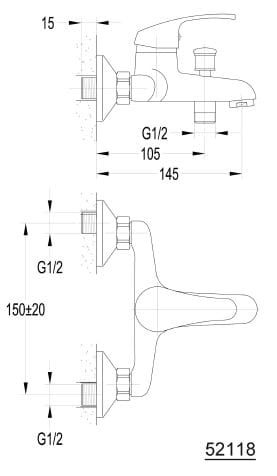 Bateria wannowa ścienna chrom połysk AQUALINE 50 52118 Aqualine rysunek