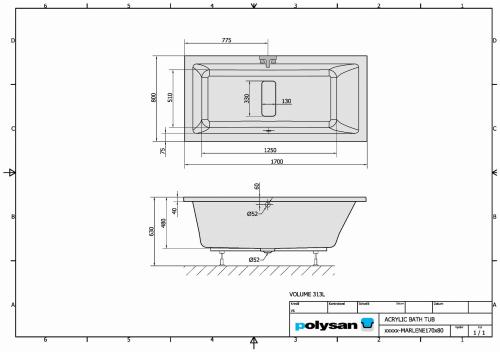 Wanna akrylowa prostokątna 170x80 cm MARLENE 72403 Polysan rysunek