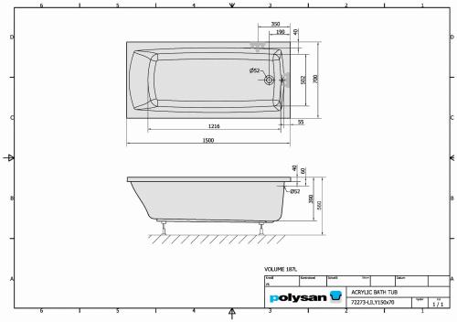 Wanna akrylowa prostokątna 150x70 cm LILY 72273 Polysan rysunek