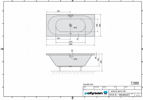 Wanna akrylowa prostokątna 185x80 cm VIVA B 71968 Polysan rysunek