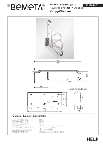 Poręcz uchylna typu U 91,6 cm stal nierdzewna HELP 301102901 Bemeta wymiary