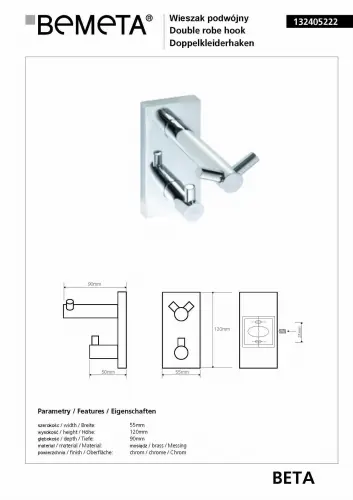 Wieszaczek podwójny BETA 132405222 Bemeta wymiary