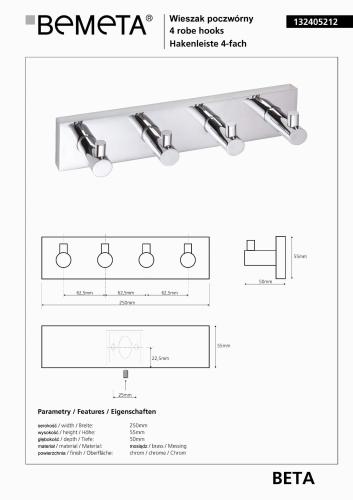Wieszaczek poczwórny BETA 132405212 Bemeta wymiary