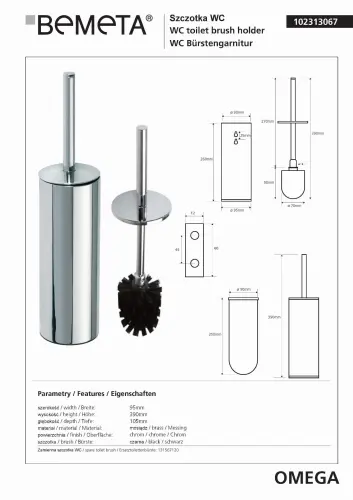 Szczotka WC stojąca lub wisząca czarna OMEGA 102313067 Bemeta wymiary