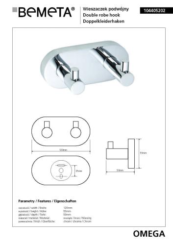 OMEGA Wieszak na ręcznik z 2 haczykami 104405202 Bemeta wymiary