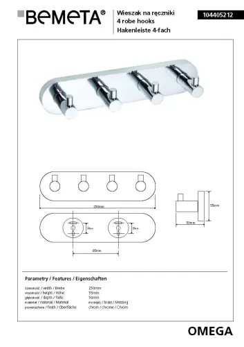 OMEGA Wieszak na ręcznik z 4 haczykami 104405212 Bemeta wymiary
