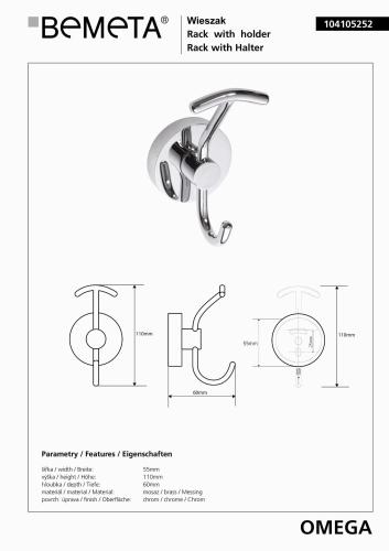 OMEGA Wieszaczek potrójny 104105252 Bemeta wymiary