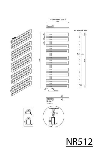Grzejnik łazienkowy 500 x 1500 mm stal nierdzewna szczotkowana 399 W VOLGA NR515 Sapho rysunek