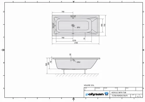 Wanna akrylowa prostokątna 170x75 cm MIMOA 71709 Polysan rysunek