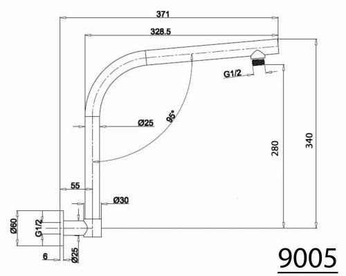 Ramię deszczowni ścienne 371 mm 9005 Sapho rysunek