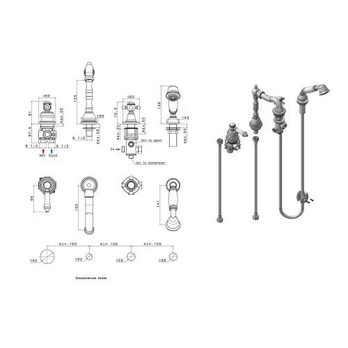 Bateria nawannowa 4-otworowa chrom połysk VIENNA VO930 Sapho rysunek