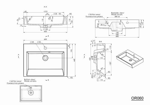 Umywalka kompozytowa nablatowa 60 x 45 cm biały ORINOKO OR060 Sapho rysunek