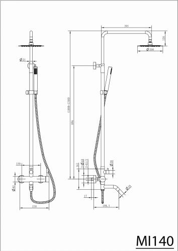 Zestaw prysznicowy z baterią ścienną MINIMAL MI140 Sapho rysunek