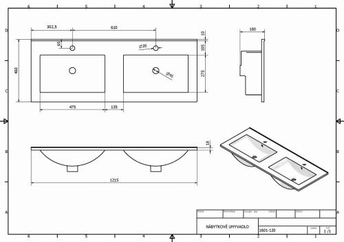 Umywalka ceramiczna podwójna 120 x 46 cm biały SLIM 1601-120 Sapho rysunek