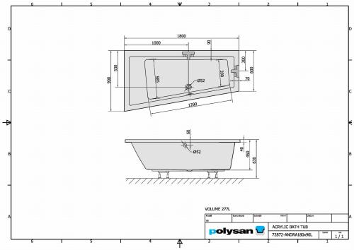 Wanna akrylowa asymetryczna 180 x 90 cm (lewa) ANDRA 72872 Polysan rysunek