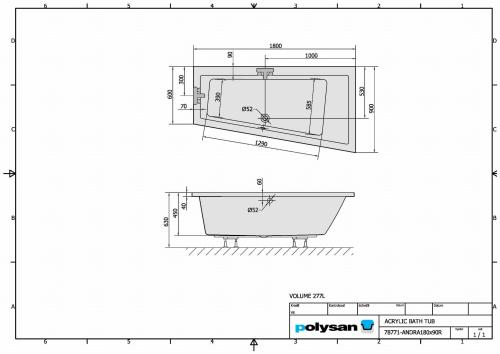 Wanna akrylowa asymetryczna 180x90 cm (prawa) ANDRA 78771 Polysan rysunek