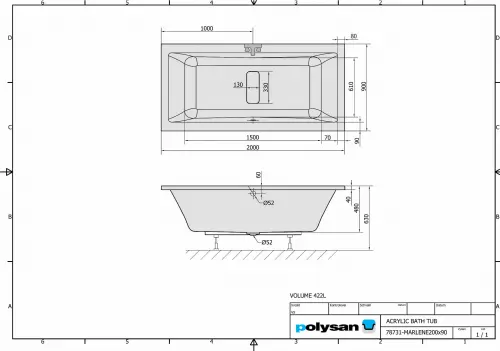 Wanna akrylowa prostokątna 200x90 cm MARLENE 78731 Polysan rysunek