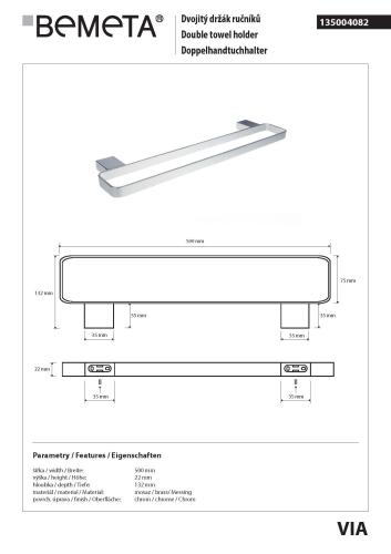 VIA Wieszak na ręcznik podwójny 50x13 cm 135004082 Bemeta wymiary