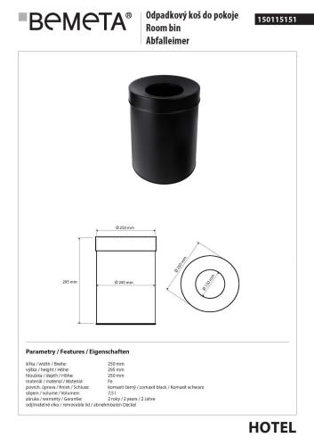 Kosz na śmieci 7,5l, stojący, bez pokrywy, czarny 150115151 Bemeta wymiary