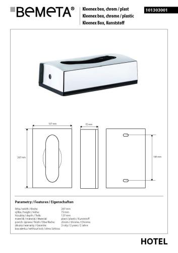 Pojemnik na chusteczki higieniczne, połysk 101303001 Bemeta wymiary