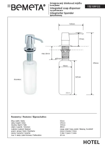 Dozownik podblatowy do mydła, górne napełnianie 152109122 Bemeta wymiary