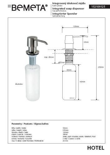 Dozownik podblatowy do mydła, górne napełnianie 152109125 Bemeta wymiary