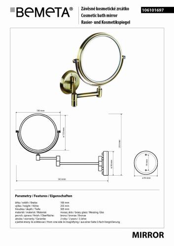 Lusterko kosmetyczne naścienne Ø133 mm, brąz 106101697 Bemeta wymiary