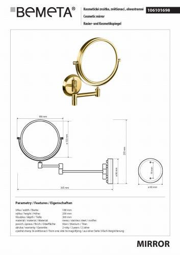 Lusterko kosmetyczne naścienne Ø133 mm, złoto 106101698 Bemeta wymiary