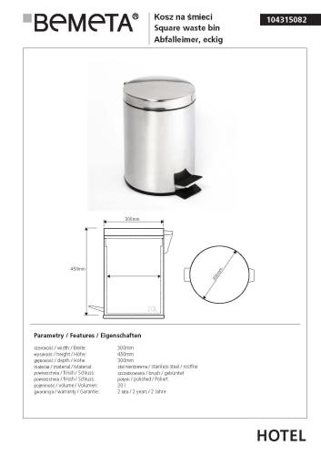 Kosz na śmieci 20l, stojący, połysk 104315082 Bemeta wymiary