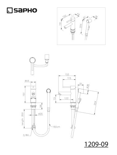 Bateria umywalkowa z rączką bidetową chrom RHAPSODY 1209-09 Sapho rysunek
