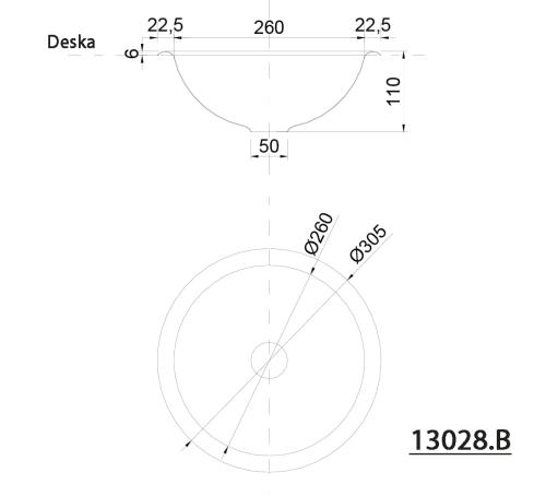 Umywalka ze stali nierdzewnej wpuszczana w blat średnica 30,5 cm 13028.B Nofer rysunek