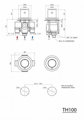 Bateria nawannowa dwuotworowa z przełącznikiem termostatyczna chrom GO TH100 Sapho rysunek