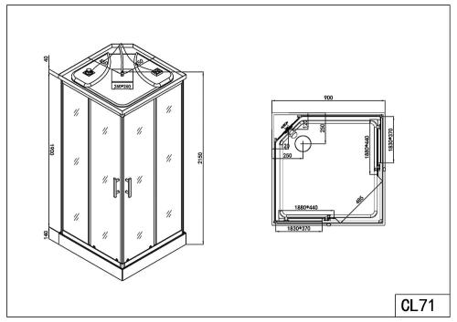 Rysunek techniczny i wymiary kabina prysznicowa z hydromasażem kwadratowa 90 x 90 x 215 cm TREND 2 CL71 Sanotechnik