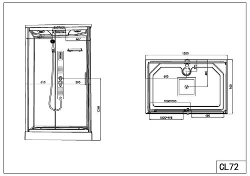 Rysunek techniczny i wymiary kabina prysznicowa z hydromasażem prostokątna 80 x 120 x 215 cm TREND 3 CL72 Sanotechnik wymiary