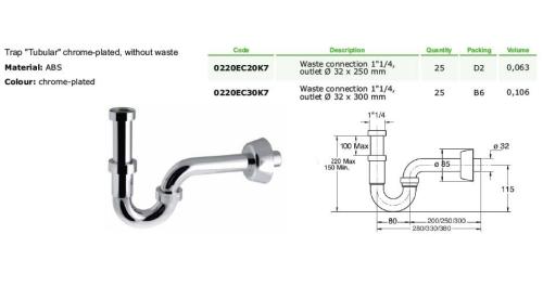 Syfon umywalkowy chrom 32 mm ROYAL FAMILY 0220EC20K7 Bonomini rysunek