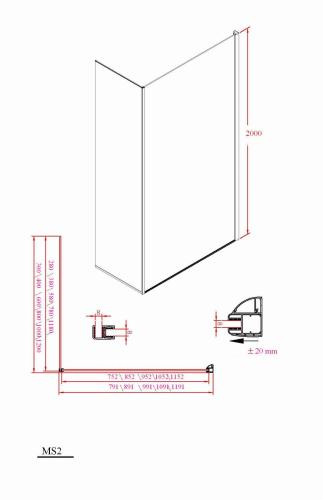 Kabina prysznicowa Walk-in 110 x 80 x 200 cm prawa szkło czyste MODULAR SHOWER MS2A110MS2B80R Polysan wymiary