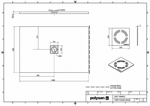 Brodzik prysznicowy prostokątny kompozytowy 140 x 90 cm FLEXIA 72897 Polysan Rysunek techniczny
