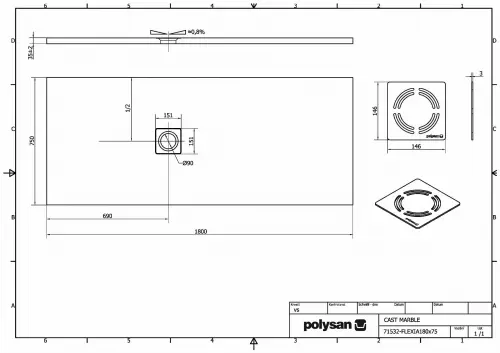 Brodzik prysznicowy prostokątny kompozytowy 180 x 75 cm FLEXIA 71532 Polysan Rysunek techniczny