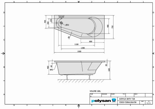 Wanna akrylowa asymetryczna 150x75 cm (prawa) TIGRA 72933 Polysan rysunek