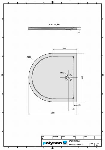 Brodzik prysznicowy półokrągły kompozytowy 100 x 100 cm ISA 72888 Polysan Rysunek techniczny