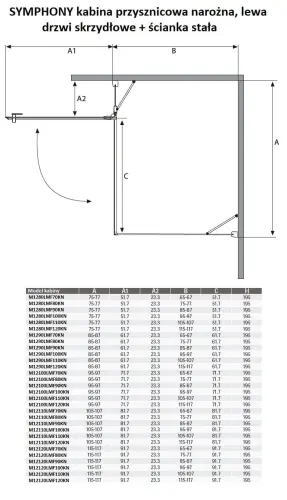 SYMPHONY Kabina prysznicowa narożna prostokątna, lewa 100x90x195 cm M12100LMF90KN Sanotechnik  wymiary
