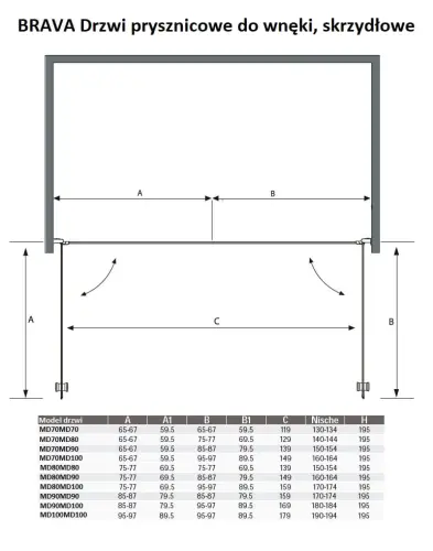 Drzwi prysznicowe do wnęki skrzydłowe 150 x 195 cm BRAVA MD80MD80 Sanotechnik wymiary