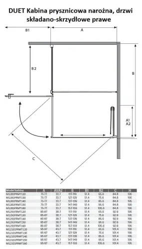 DUET Kabina prysznicowa narożna prostokątna, prawa 80x130x195 cm drzwi składano-skrzydłowe M1281FRMT130 Sanotechnik wymiary
