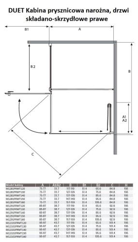 DUET Kabina prysznicowa narożna prostokątna, prawa 90x160x195 cm drzwi składano-skrzydłowe M1291FRMT160 Sanotechnik wymiary