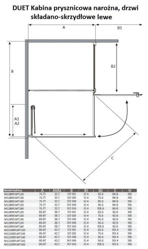 DUET Kabina prysznicowa narożna prostokątna, lewa 160x90x195 cm drzwi składano-skrzydłowe M1290FLMT160 Sanotechnik wymiary