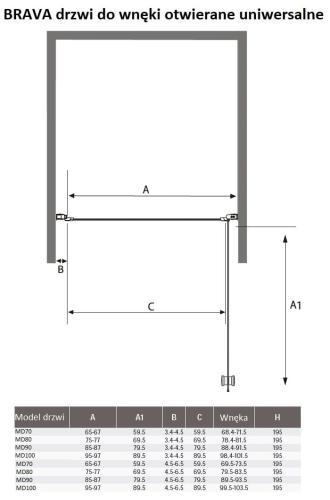 Drzwi prysznicowe do wnęki skrzydłowe 70 x 195 cm BRAVA MD70 Sanotechnik wymiary