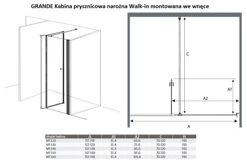 Kabina prysznicowa Walk-in narożna 150 x (70-120) x 195 cm GRANDE MT150 Sanotechnik wymiary