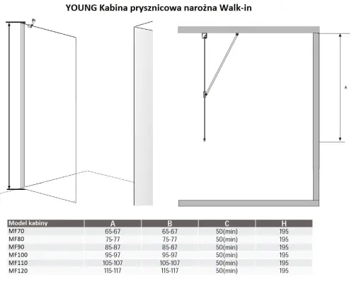 Kabina prysznicowa Walk-in narożna 90 x 195 cm YOUNG MF90 Sanotechnik wymiary