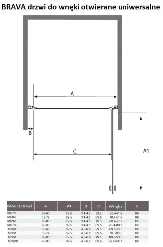 Drzwi prysznicowe do wnęki skrzydłowe 80 x 195 cm BRAVA MD80 Sanotechnik wymiary